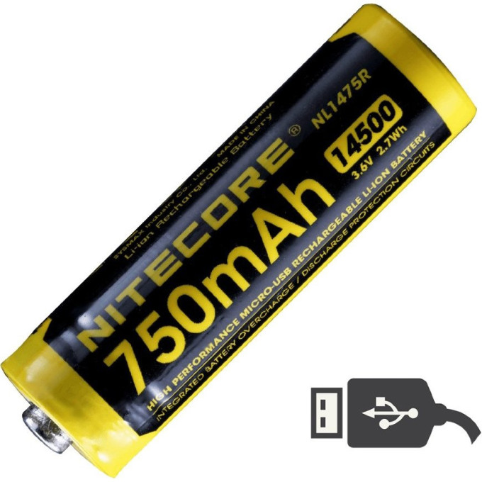 Аккумулятор NITECORE NL1475R 14500 Li-Ion 3.7V 750 мАч, USB 1404380